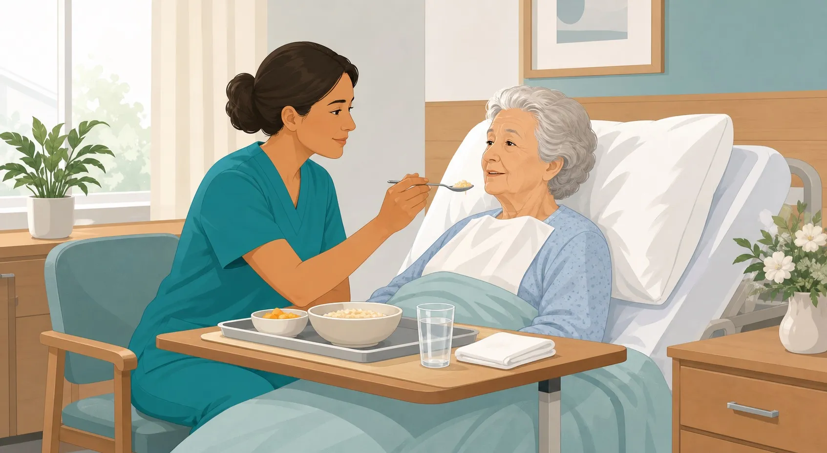 Illustrazione OSS che assiste al pasto una persona totalmente dipendente in posizione seduta sicura