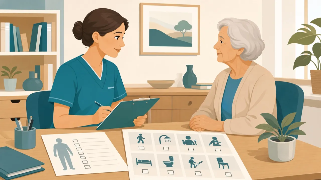 Professionista sanitario che raccoglie l'anamnesi geriatrica con una persona anziana in ambulatorio