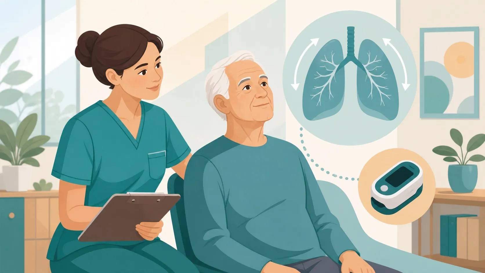 Illustrazione dell'apparato respiratorio con OSS che osserva respiro e saturazione in modo pratico