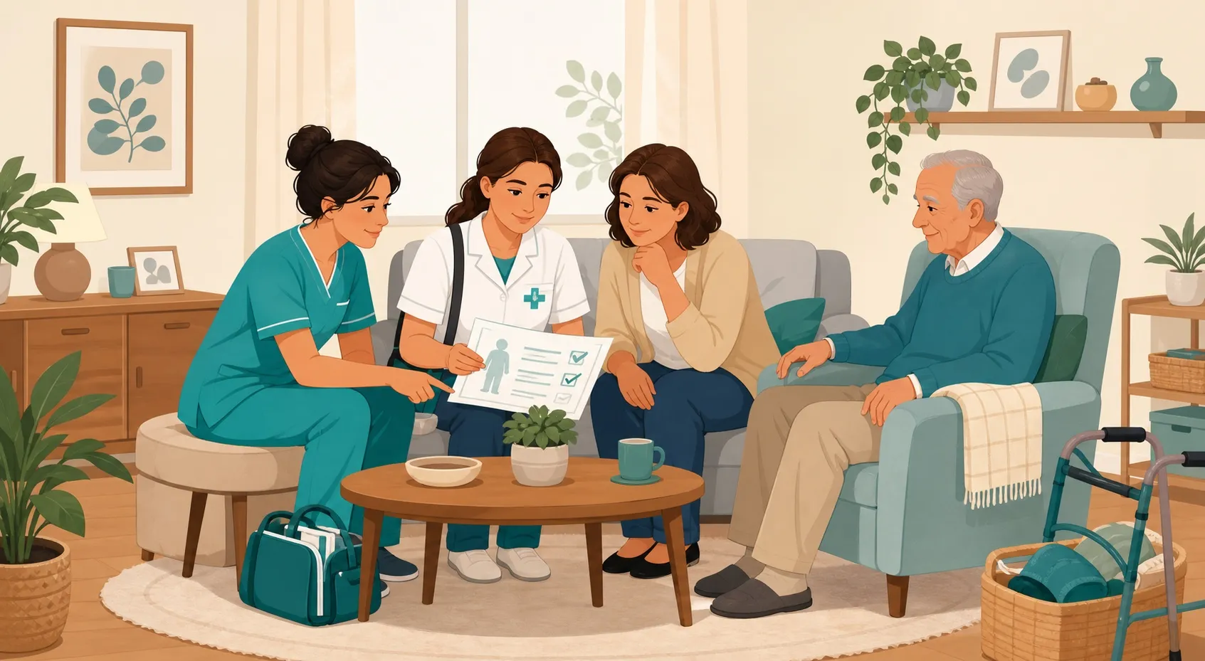 Equipe di assistenza domiciliare integrata con OSS e familiare nella casa di una persona anziana