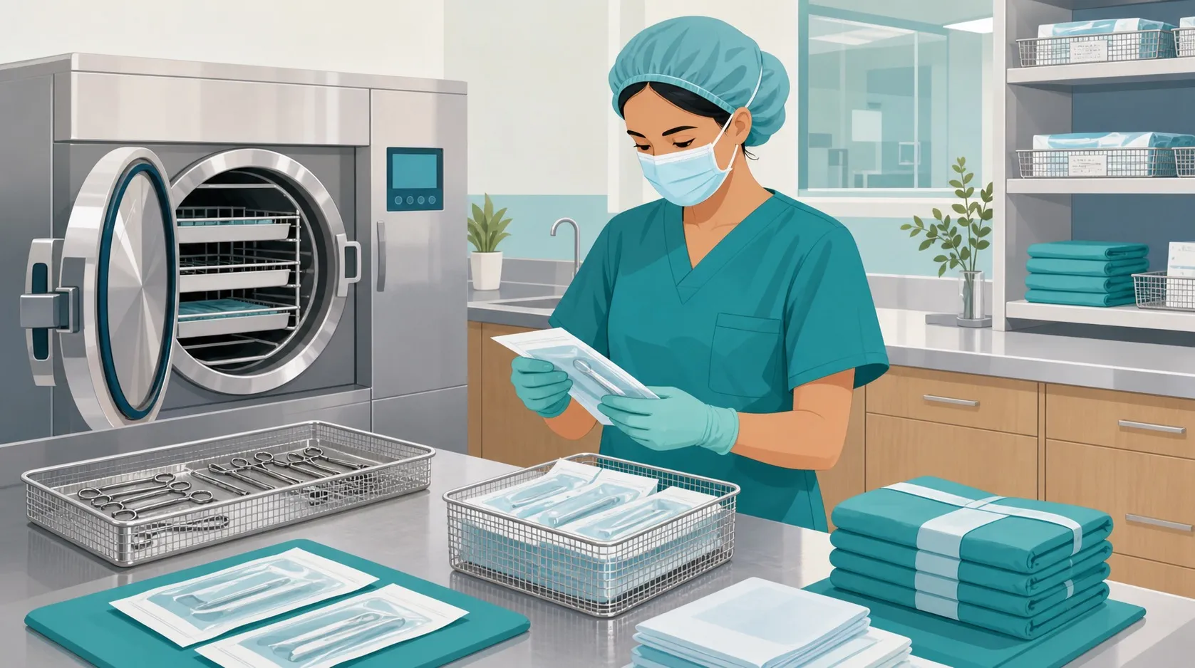 Illustrazione OSS in centrale di sterilizzazione con strumenti ordinati, buste e autoclave