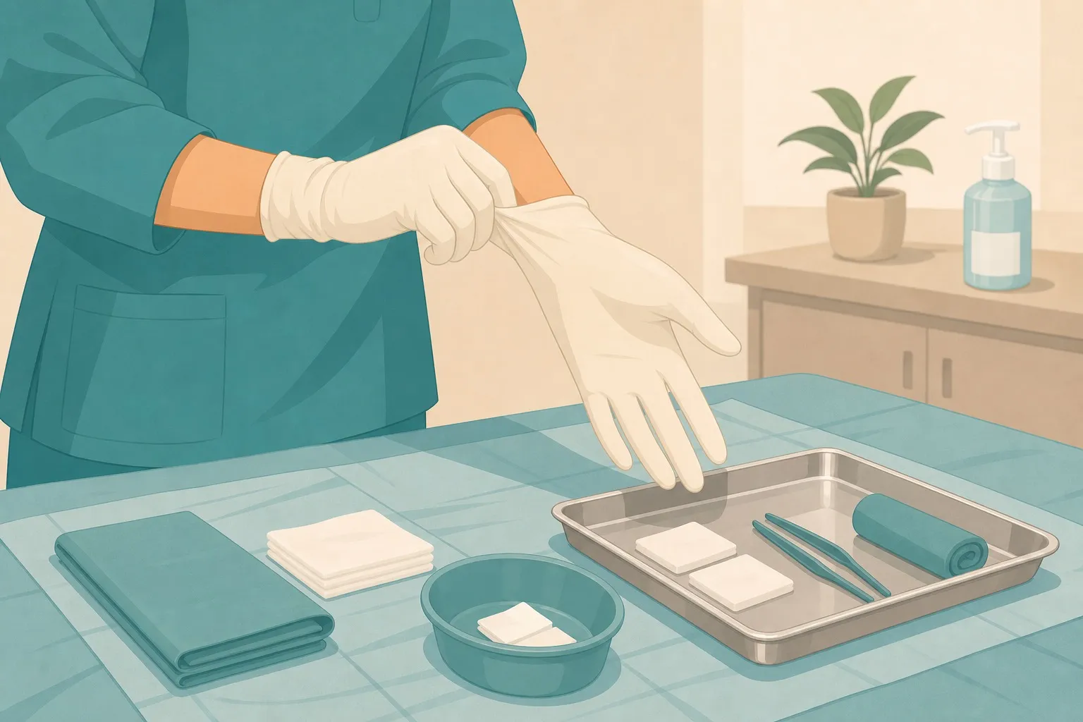Illustrazione flat di mani che indossano guanti sterili su un campo pulito senza testo