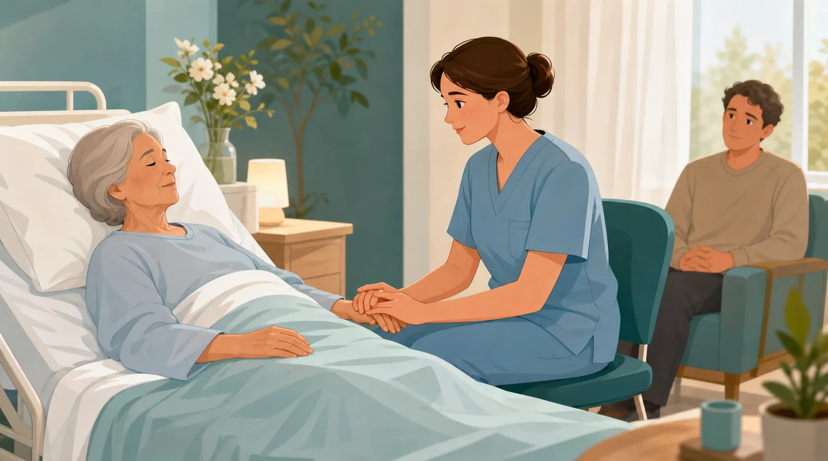 OSS che offre presenza compassionevole a un paziente in cure palliative in hospice