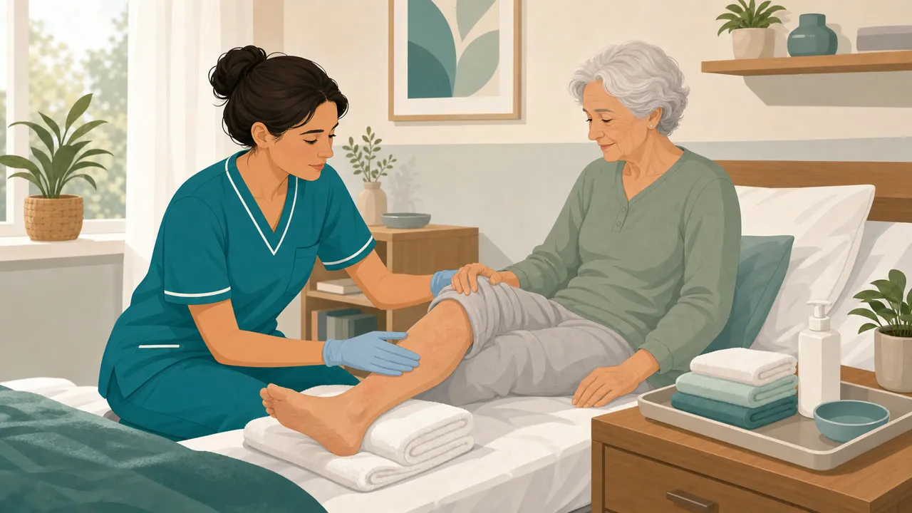 OSS che osserva la cute di una persona assistita per arrossamenti, lesioni e macerazione