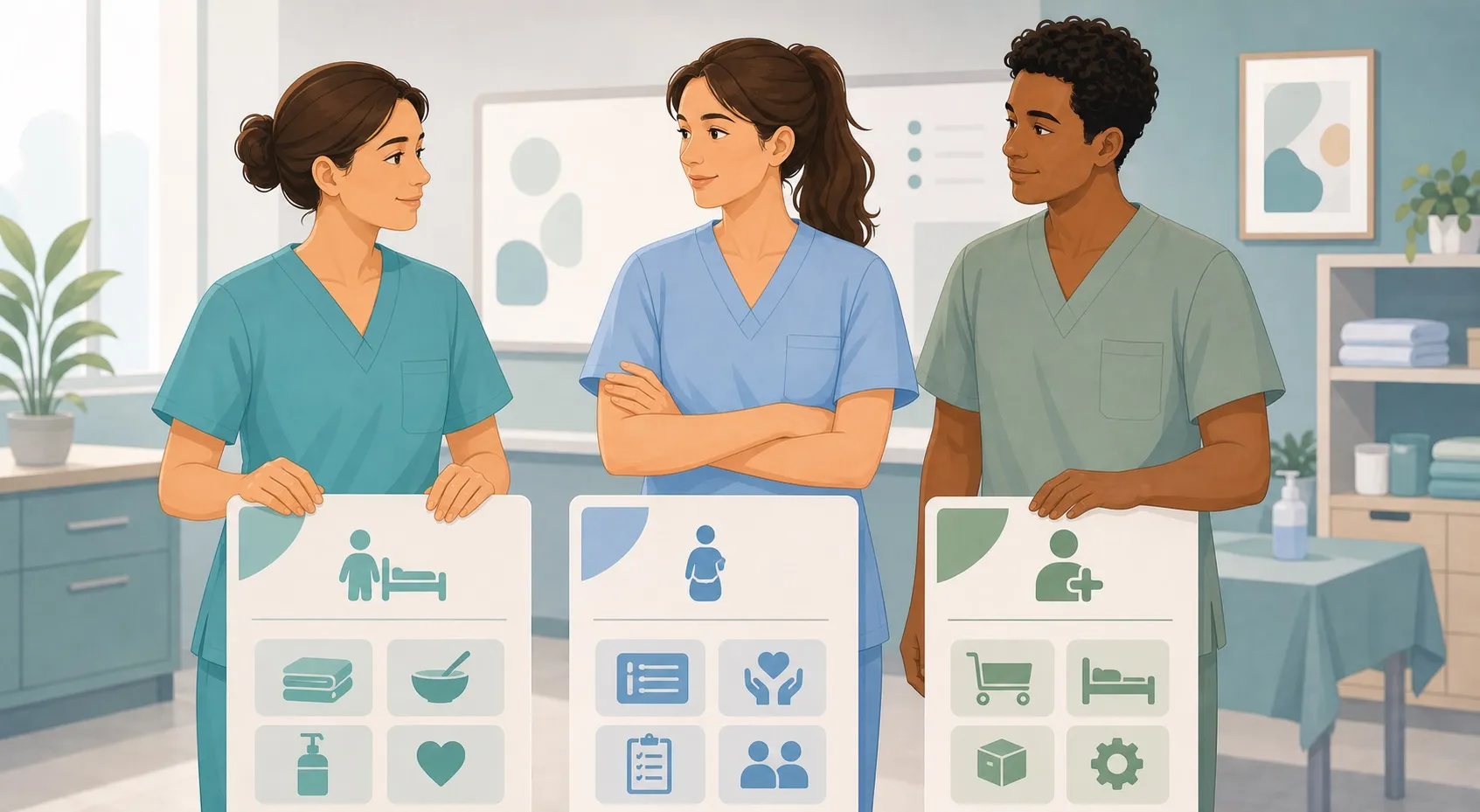 Confronto visivo tra le figure professionali OSS, OSA e ASA con illustrazione dei diversi ruoli