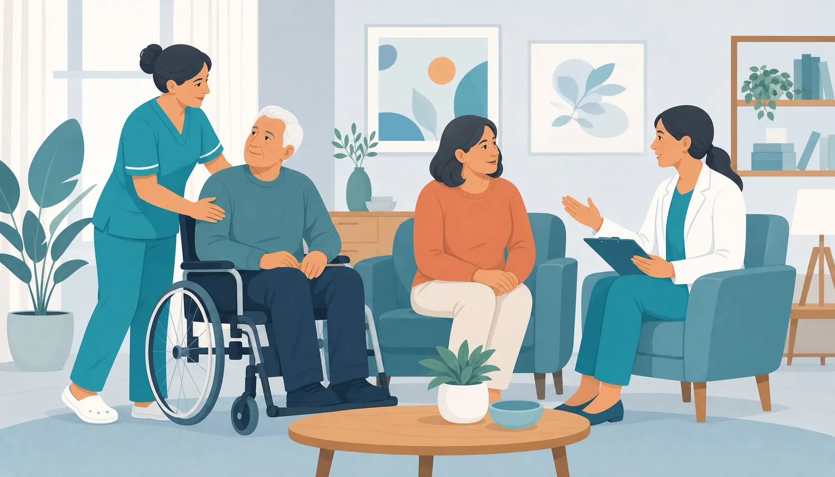 OSS che supporta una persona con disabilità insieme a famiglia e servizio sociale