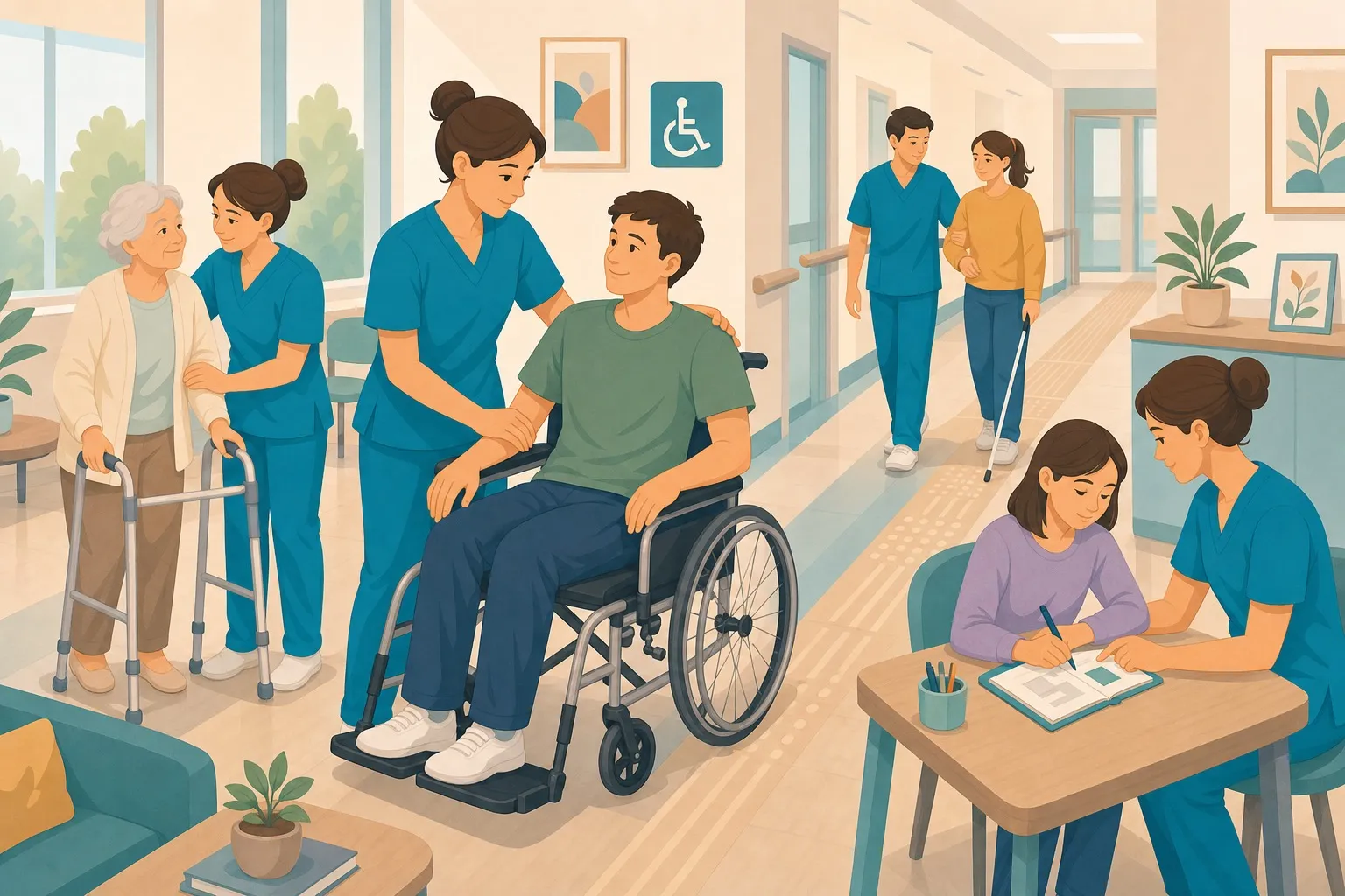 Illustrazione flat di un OSS che supporta l'autonomia di persone con diverse disabilita in ambiente accessibile