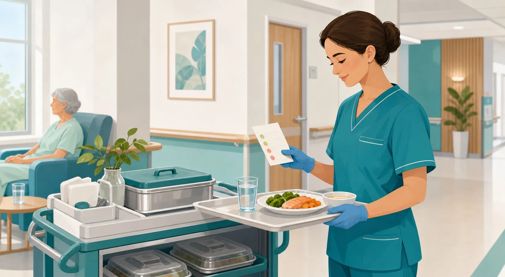 Illustrazione OSS che distribuisce vassoi pasto controllando dieta e sicurezza in reparto