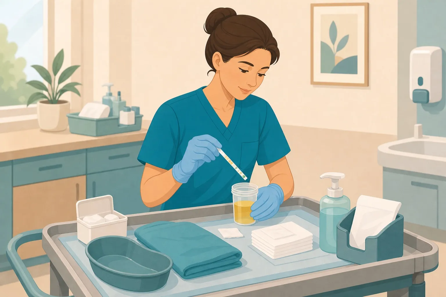 Illustrazione flat di un OSS che prepara contenitore urine e stick su un vassoio clinico senza testo