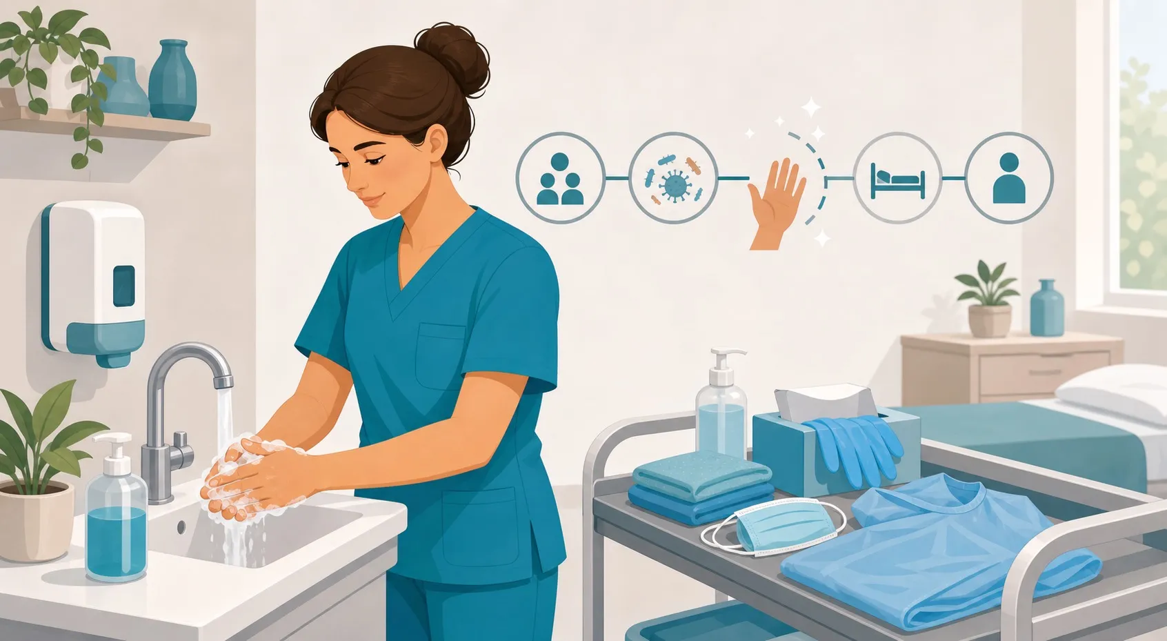 OSS che applica igiene mani e DPI per prevenire ICA e rischio biologico