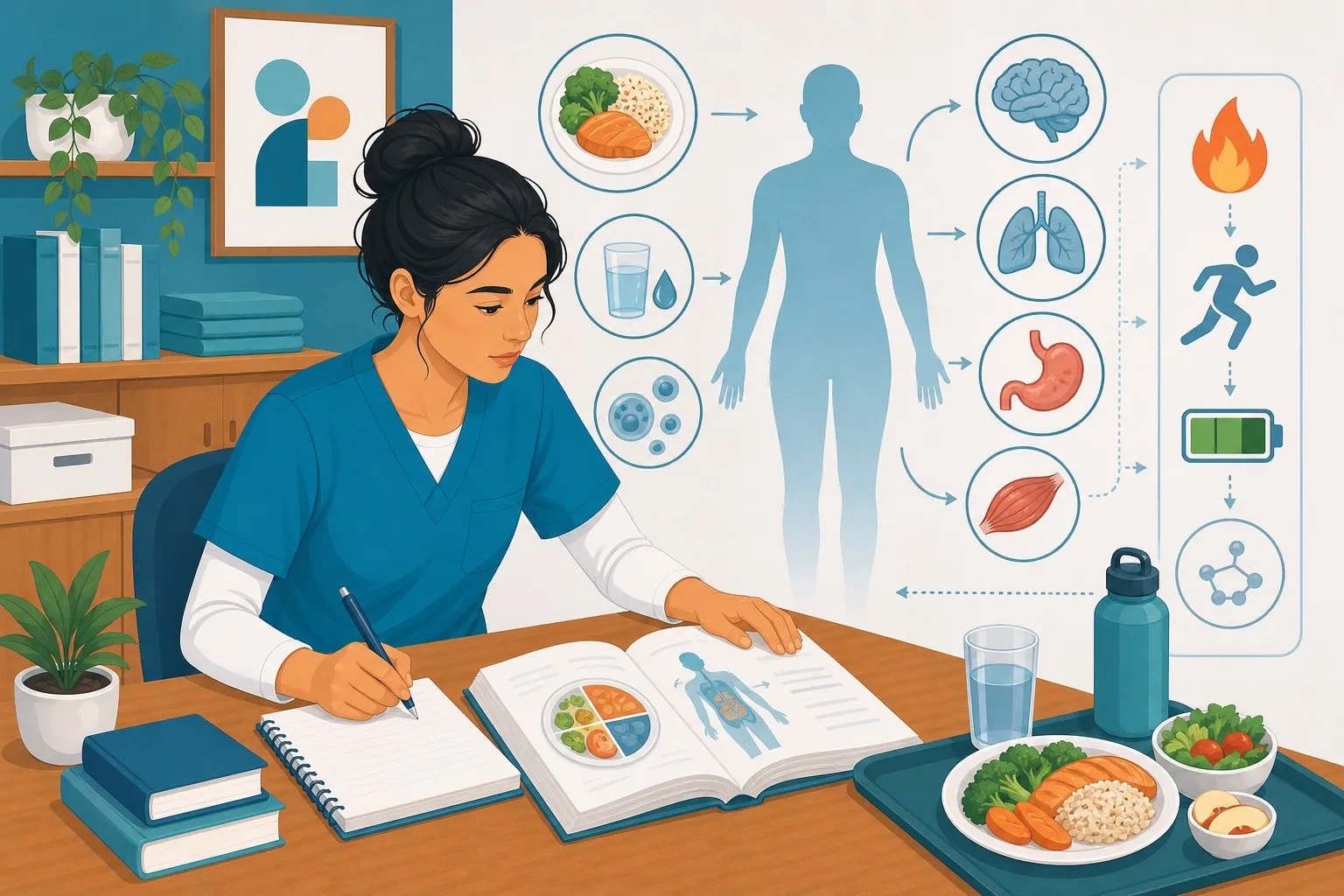 OSS che studia nutrizione, energia e processi corporei con oggetti assistenziali