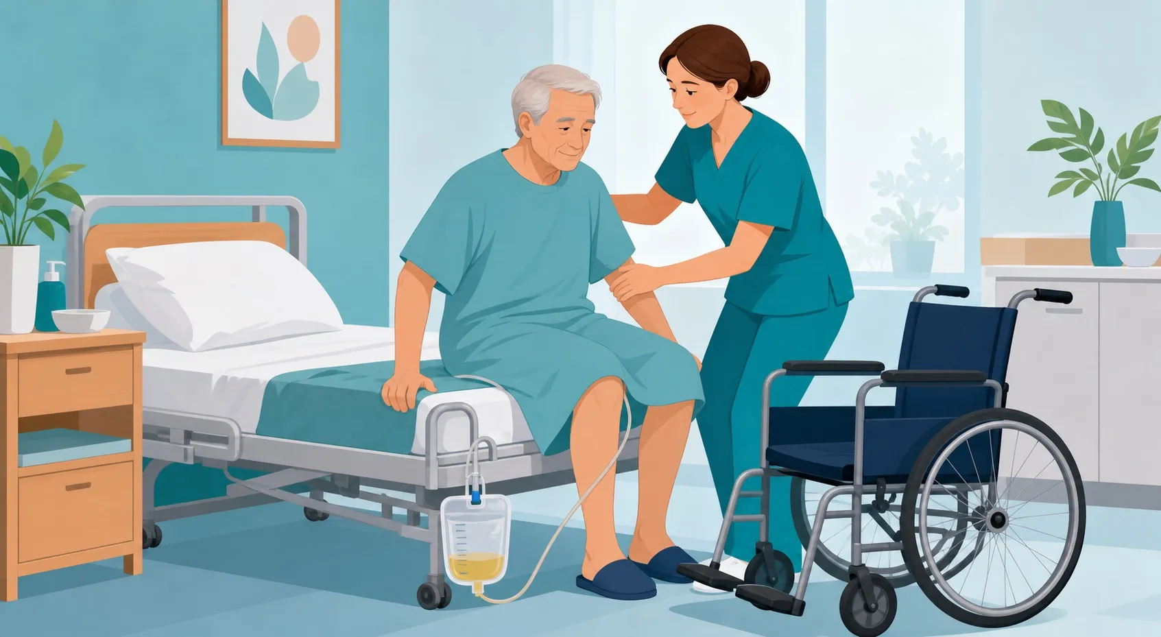 OSS che aiuta una persona con catetere vescicale a mobilizzarsi controllando tubo e sacca urine