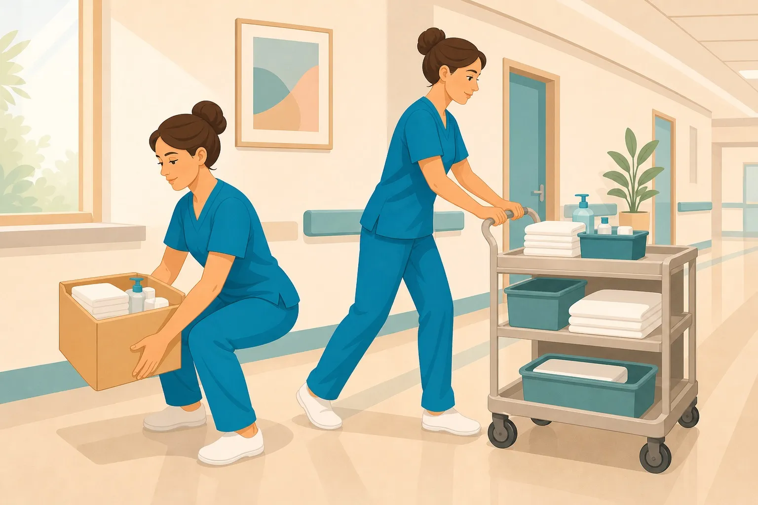 Illustrazione di un OSS che movimenta carichi e carrello con postura ergonomica corretta