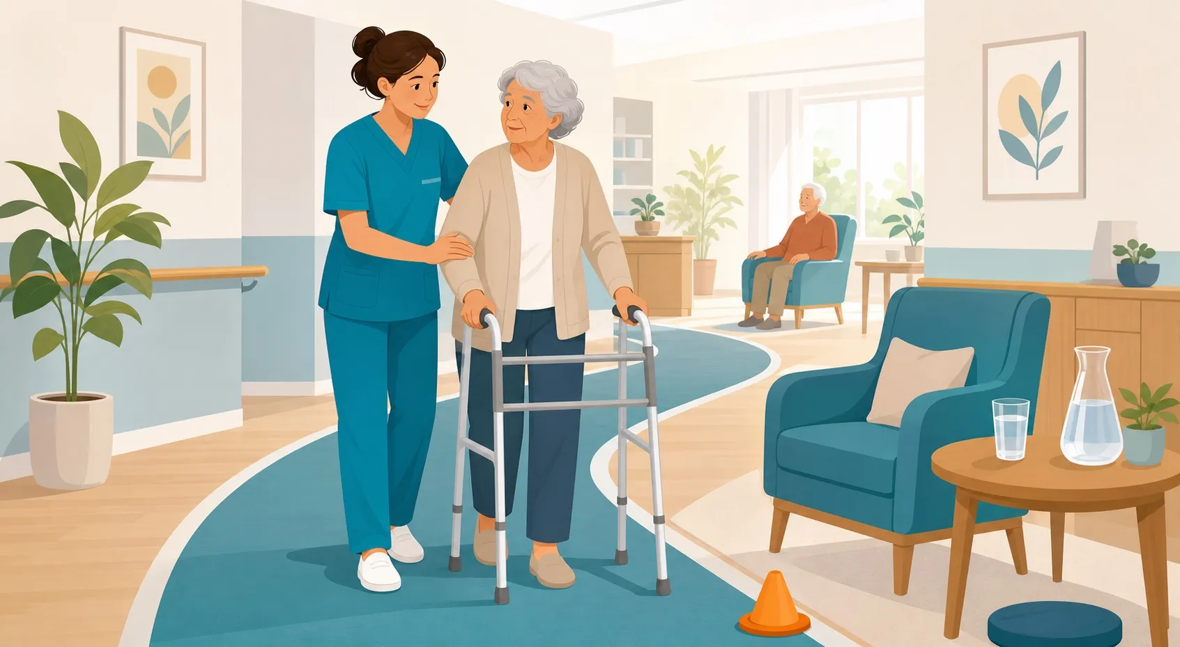 OSS sostiene una persona anziana fragile in ambiente geriatrico sicuro