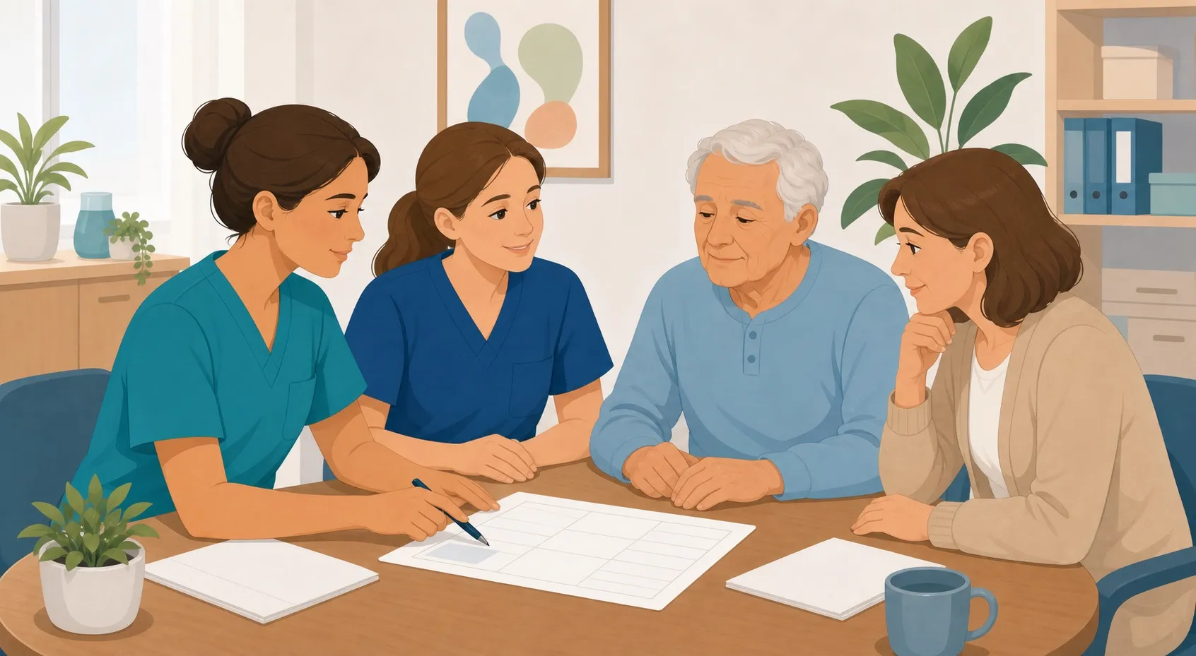 OSS che consulta il Piano Assistenziale Individualizzato con equipe e familiare