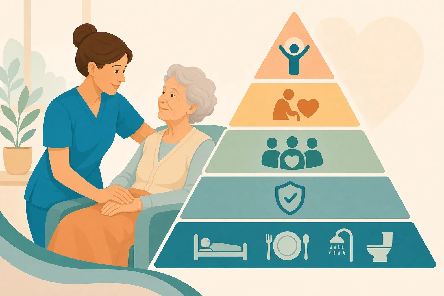 Illustrazione della piramide dei bisogni di Maslow applicata all'assistenza OSS senza testo