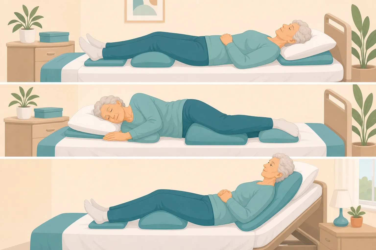 Illustrazione delle principali posizioni di decubito assistite dall'OSS con cuscini e supporti