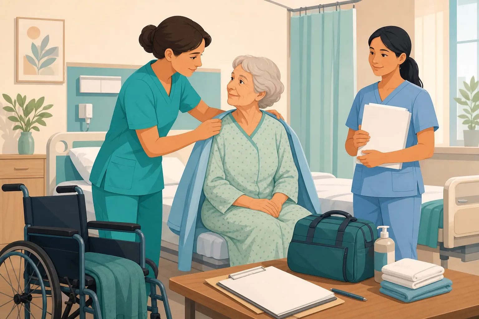 OSS che prepara e accompagna una persona anziana a un esame diagnostico con supervisione dell'equipe
