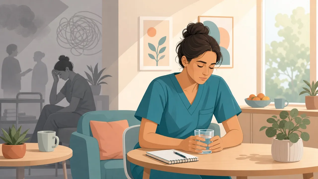 OSS in pausa in una stanza del personale per prevenire stress e burnout lavorativo
