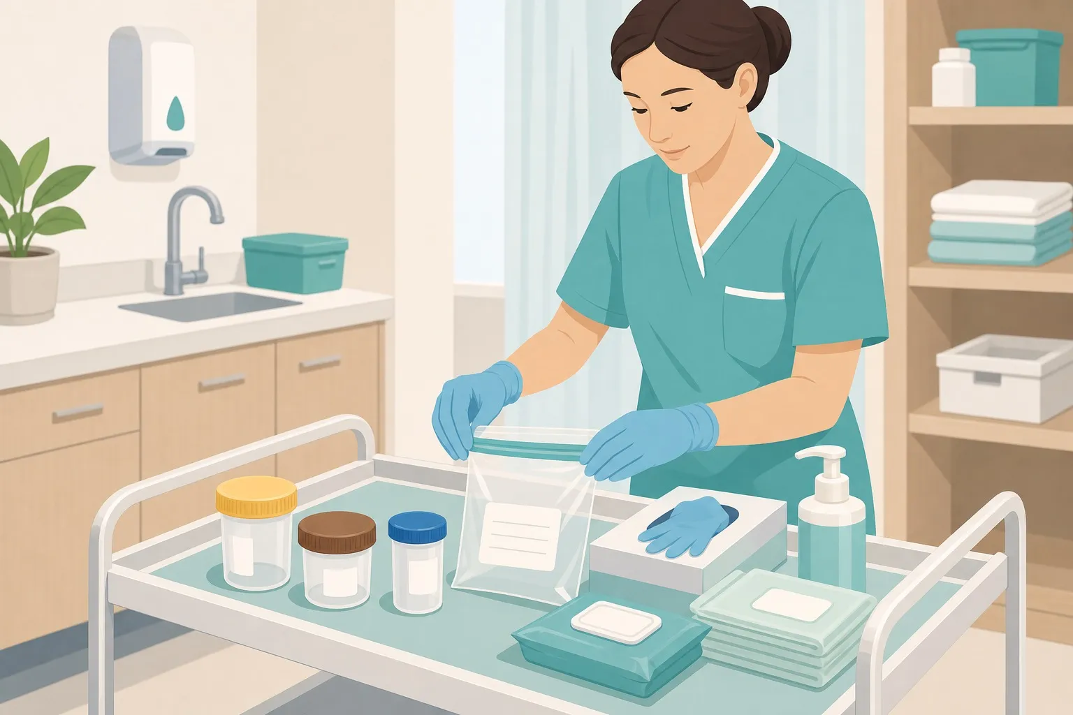 OSS che prepara contenitori sterili per campioni di urine, feci ed espettorato
