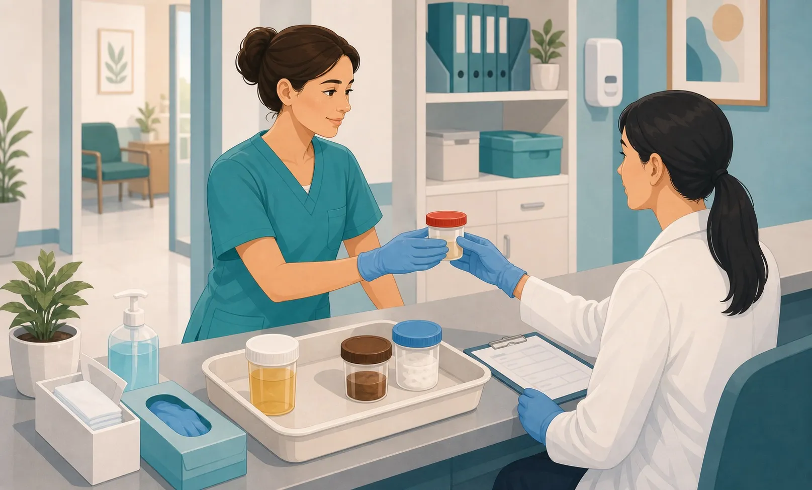 Contenitori sterili per la raccolta di urine e feci e guanti protettivi monouso