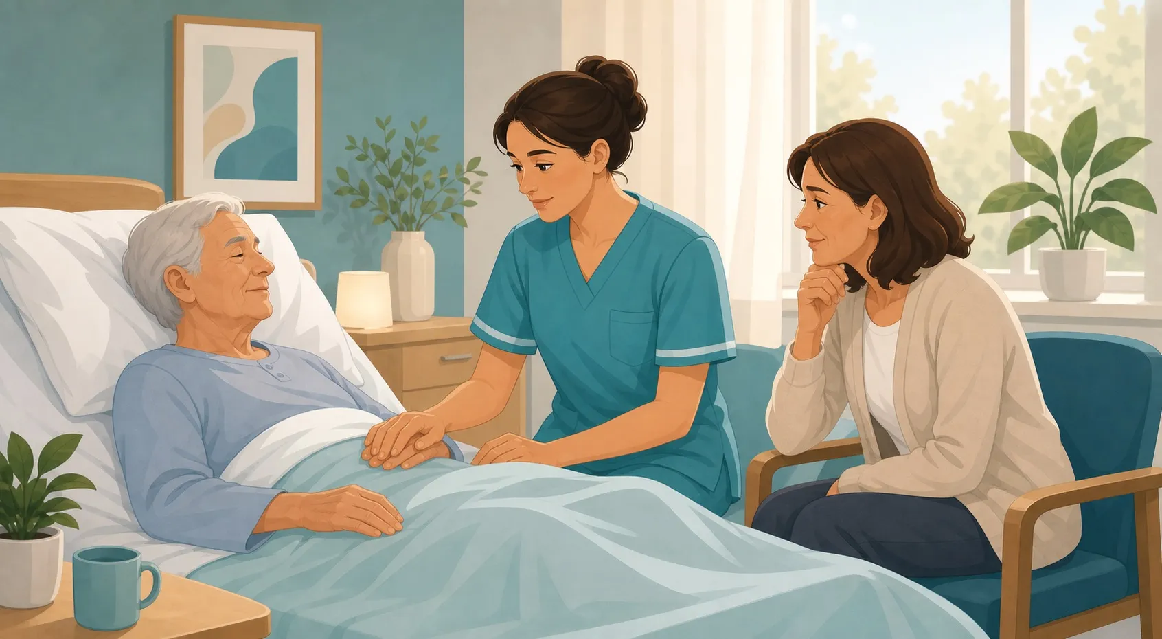 Operatore che offre supporto empatico a un paziente in hospice e ai familiari, in un momento di conforto