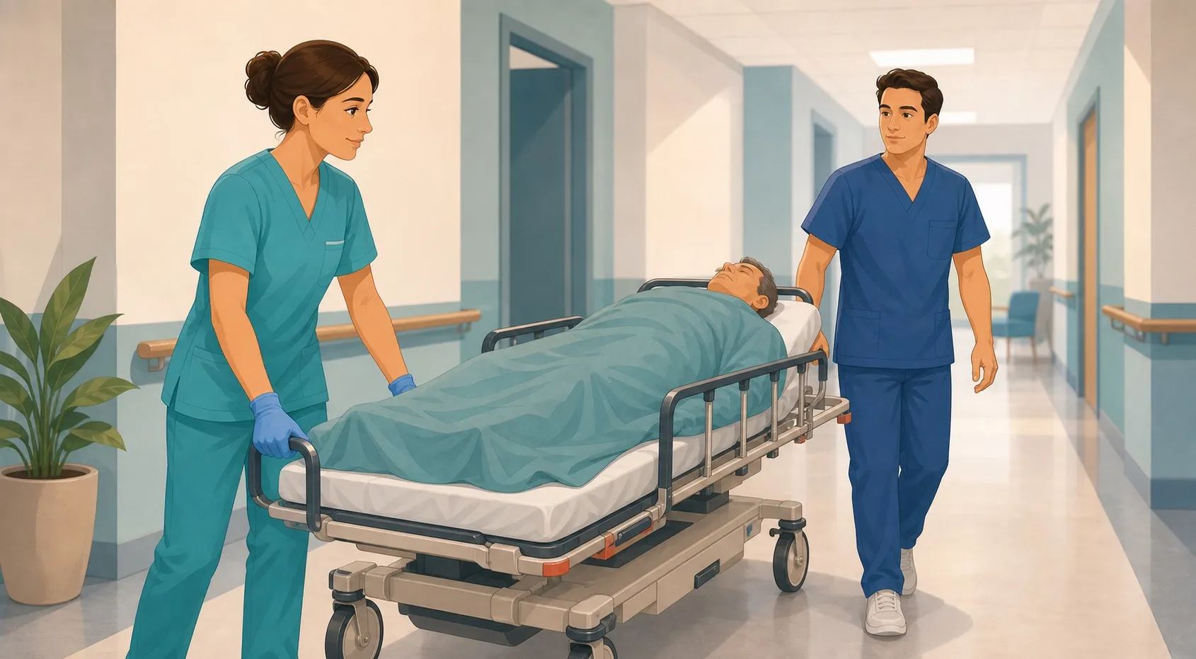 OSS che supporta il trasporto di una persona su barella in un corridoio di pronto soccorso