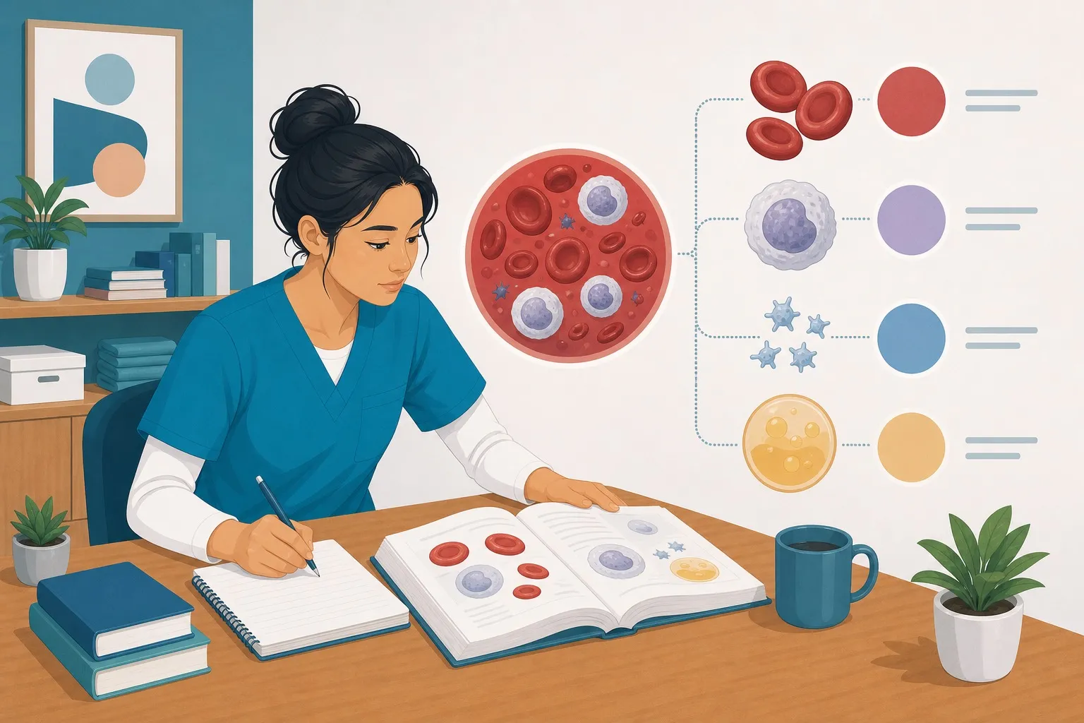 OSS che studia componenti del sangue rappresentati con forme astratte