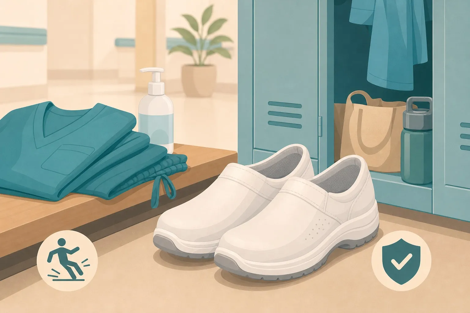 Scarpe da lavoro comode e sicure per OSS mostrate in contesto clinico