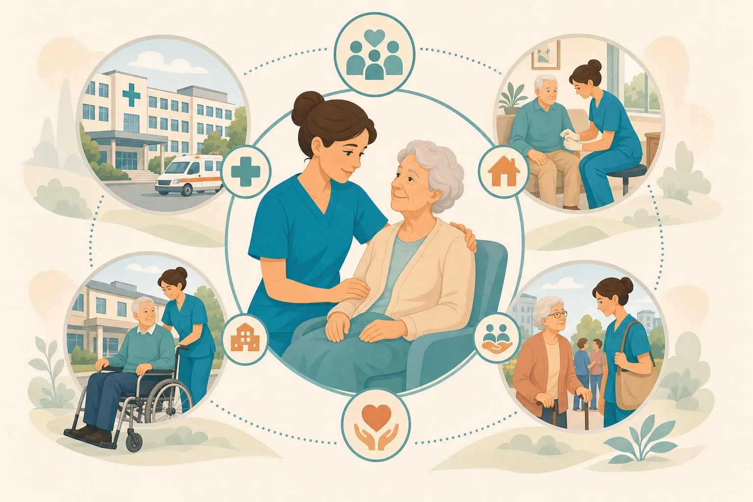 Illustrazione flat di una rete di servizi sanitari con OSS, ospedale, domicilio e RSA senza testo