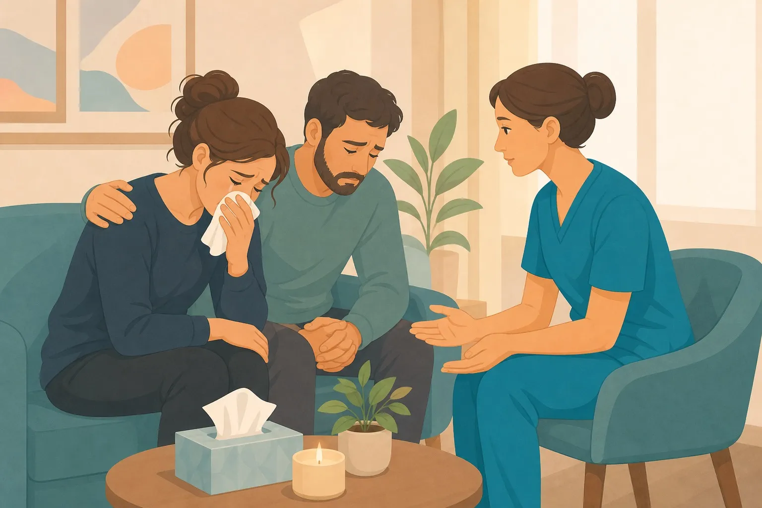 OSS che offre supporto empatico ai familiari in lutto dopo un decesso