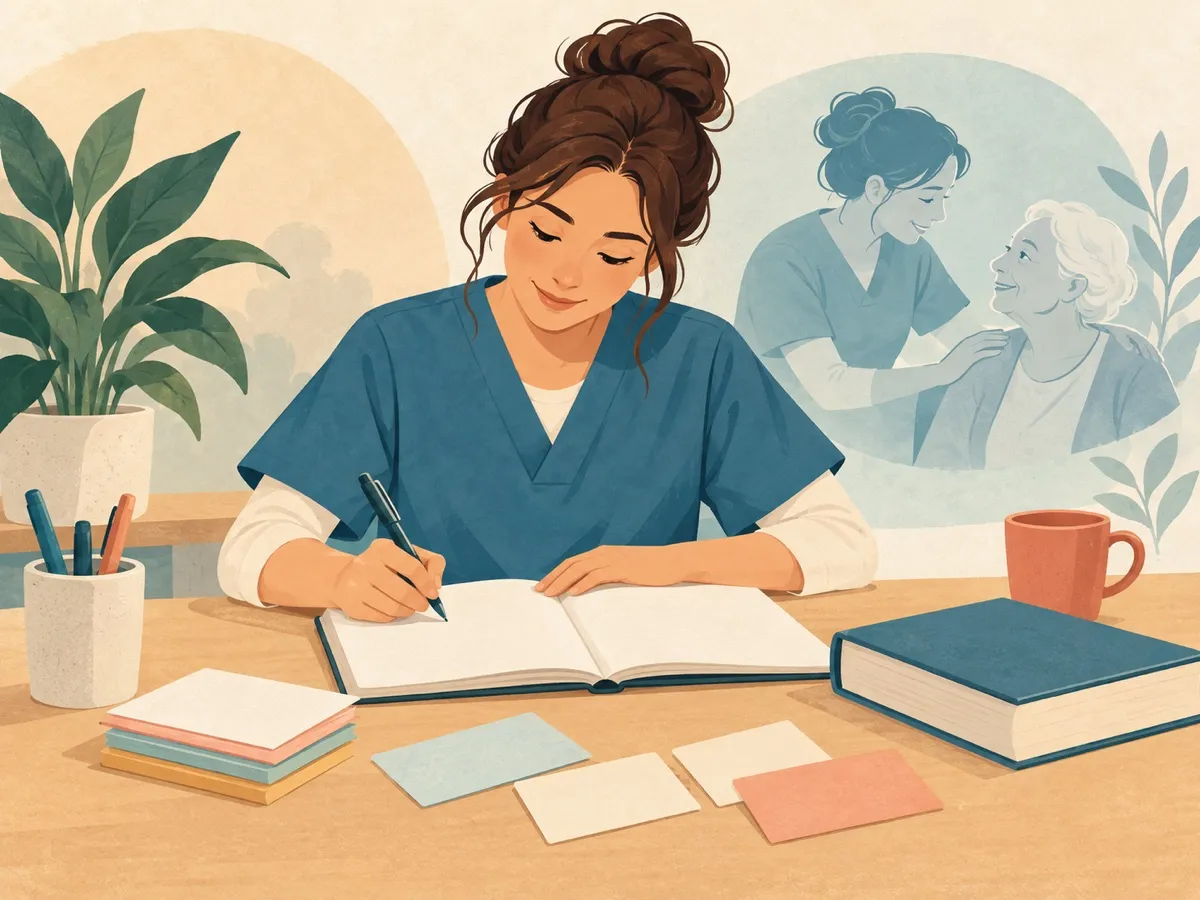 Studentessa OSS prepara una tesina con quaderno e testi in un ambiente di studio