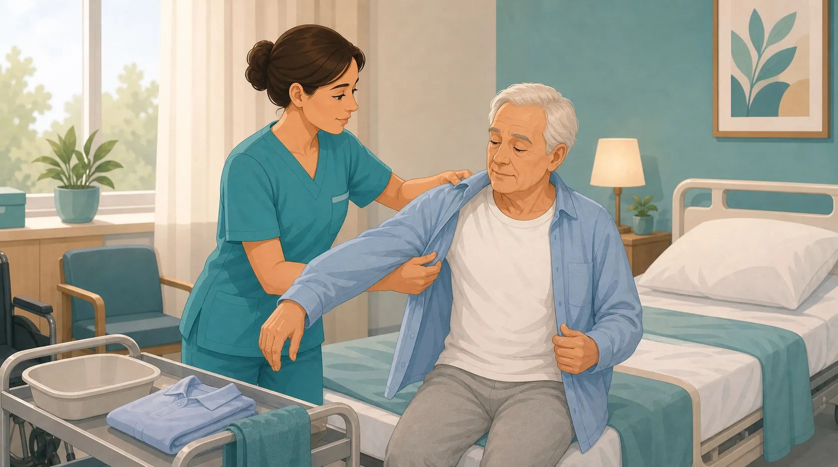 OSS che aiuta un anziano emiplegico a indossare la camicia guidando con delicatezza il braccio interessato
